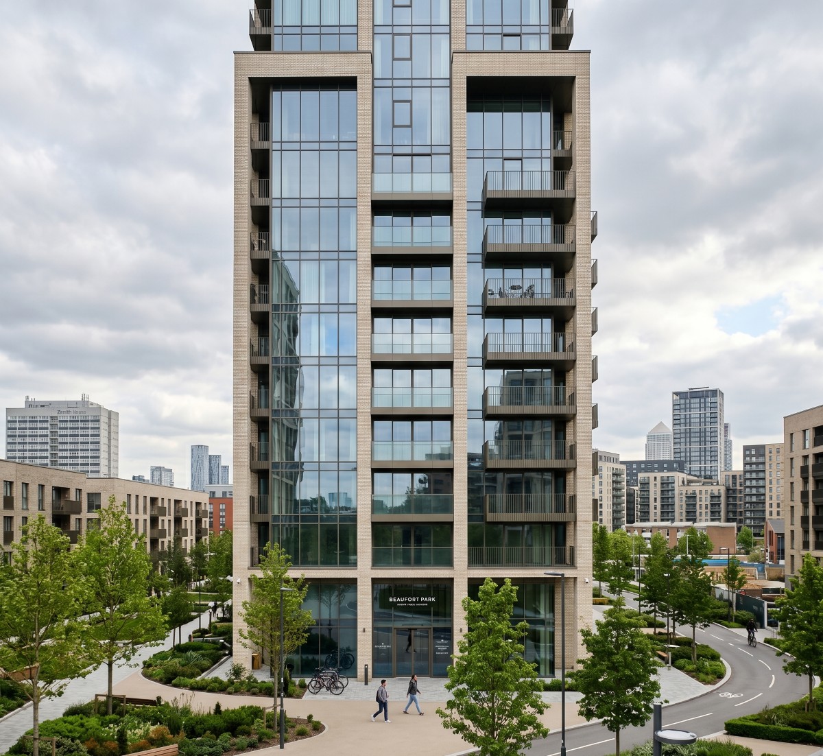 a newly completed high-rise residential building in Beaufort Park, Colindale, North West London